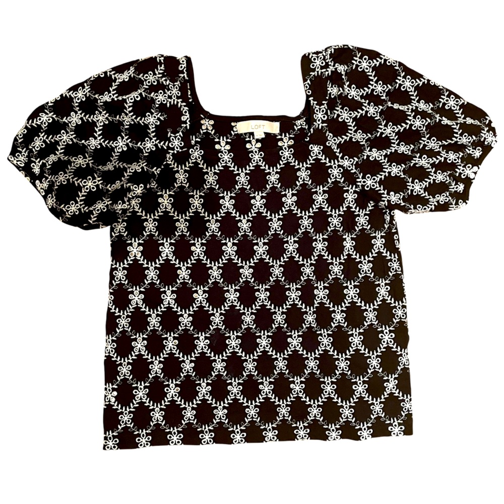 LOFT Black with White Embroidered Eyelet Pattern Top M